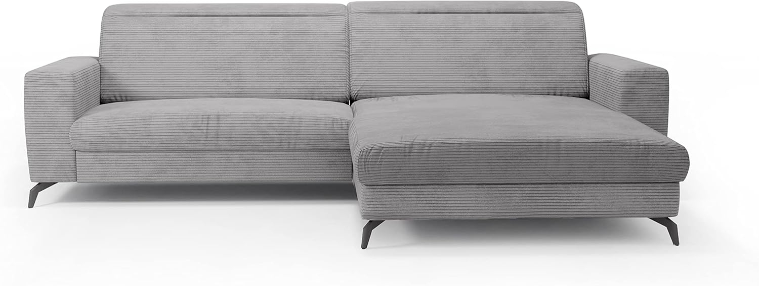 CAVADORE Ecksofa Bounce mit Cord-Bezug / L-Form-Sofa mit Longchair + mattschwarzen Metallfüßen / 290 x 88 x 178 / Breitcord, Hellgrau Bild 1