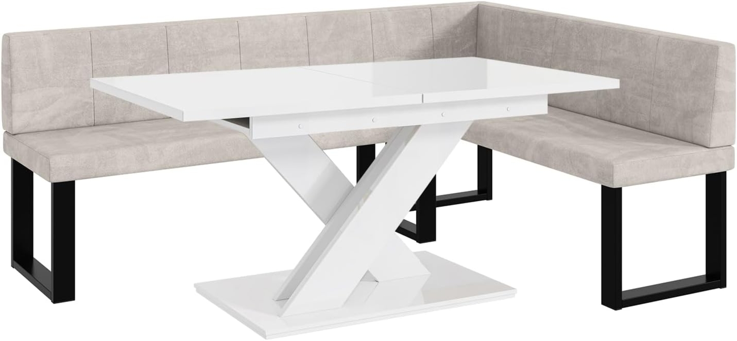 MEBLINI Eckbank für Esszimmer mit ausziehbarem Tisch - Küchenbank - Essecke - Sitzecke Küche - PETER - U-Beine 142x196x87cm Rechts - Beige Samt/B Weiß Hochgl. Bild 1