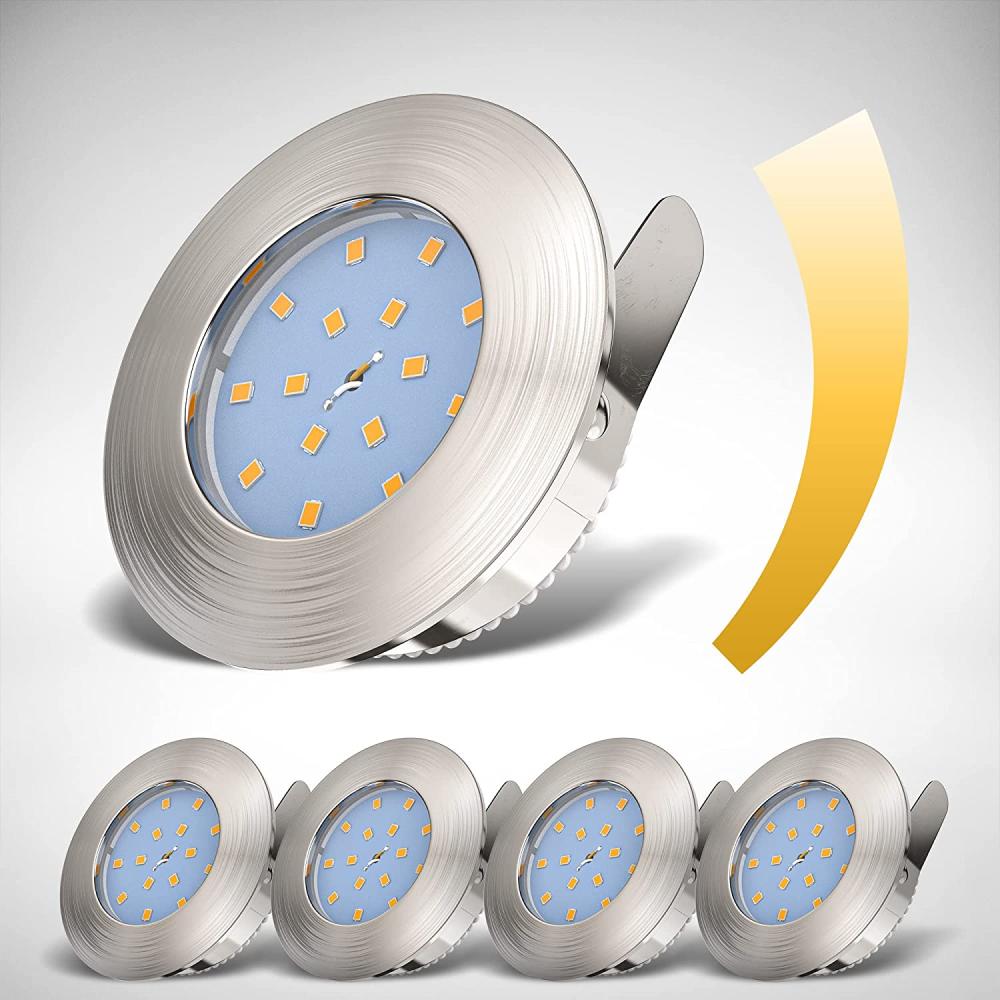 B.K.Licht LED Einbaustrahler 5er SET dimmbar Bad-Einbauleuchten IP44 75mm ultra-flach - 20-04-05-S, LED fest integriert, Warmweiß, 3000K Einbauspots Rund Badezimmer 5,5W 470lm Leuchtmittel matt-Nickel Bild 1