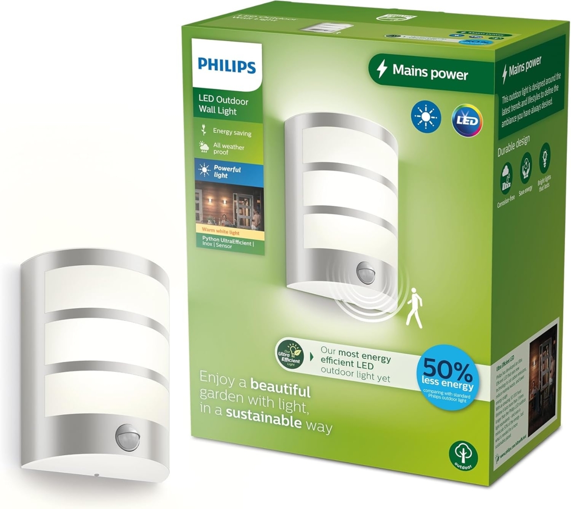 Philips LED Außenwandleuchte Python Edelstahl mit Bewegungssensor warmweiß Bild 1