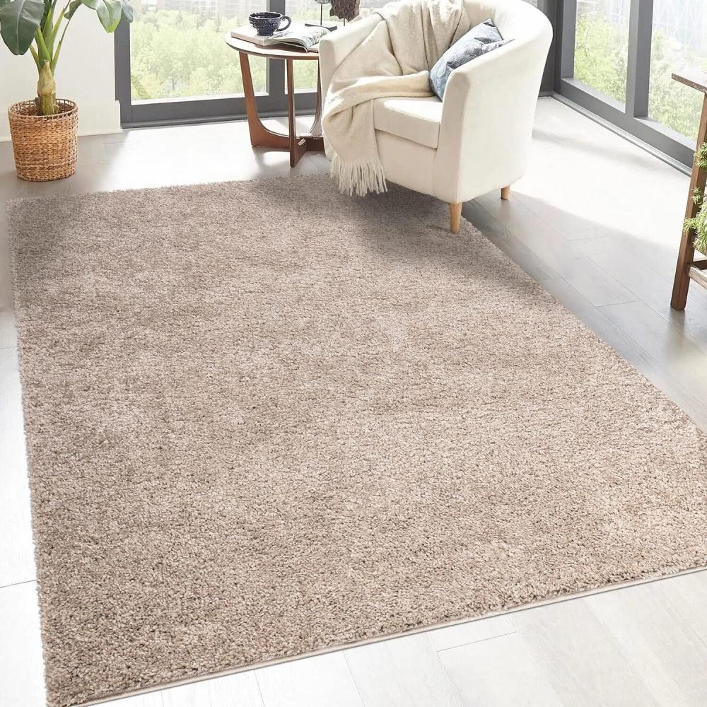 carpet city Shaggy Hochflor Teppich - 200x200 cm Quadratisch - Sand-Beige - Langflor Wohnzimmerteppich - Einfarbig Uni Modern - Flauschig-Weiche Teppiche Schlafzimmer Deko Bild 1