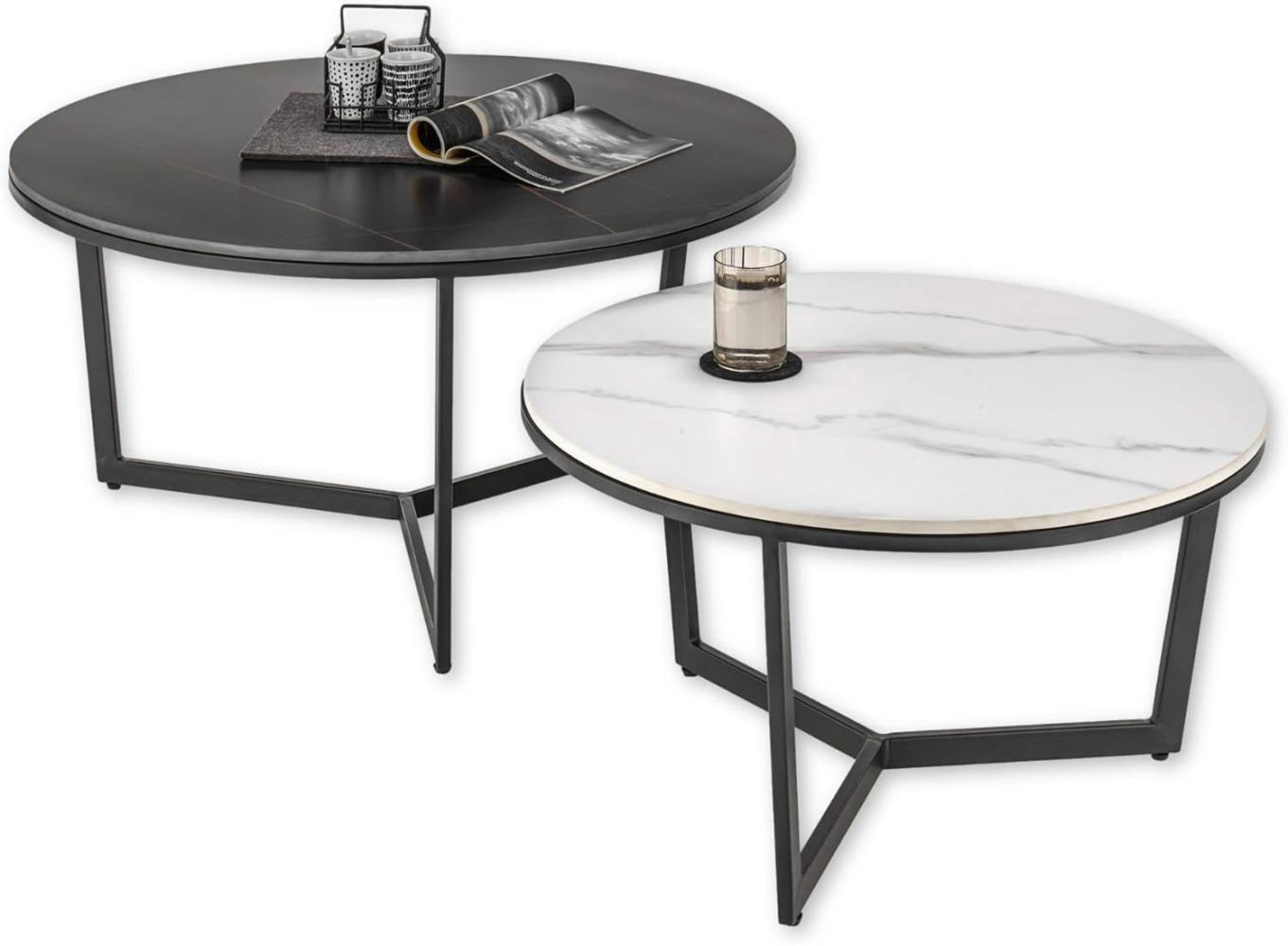 Stella Trading Beistelltisch 2er Set in Marmor Optik rund, Schwarz / Weiß - Modernes Couchtisch Set mit schwarzem Metallgestell - 90 x 45 x 90 cm (B/H/T) Bild 1