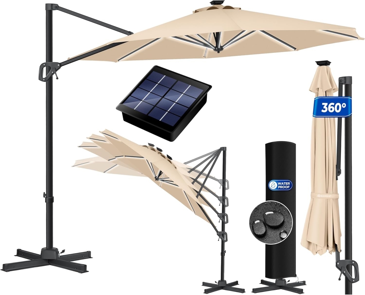 KESSER® Sonnenschirm Ampelschirm Sun Rund XL LED Solar Ø330 cm Inkl. Abdeckung + Windsicherung 7-Fach Verstellbar Neigbar Kippbar Groß 360° Drehbar Gartenschirm mit Kurbel Sonnenschutz UV50+ Beige Bild 1