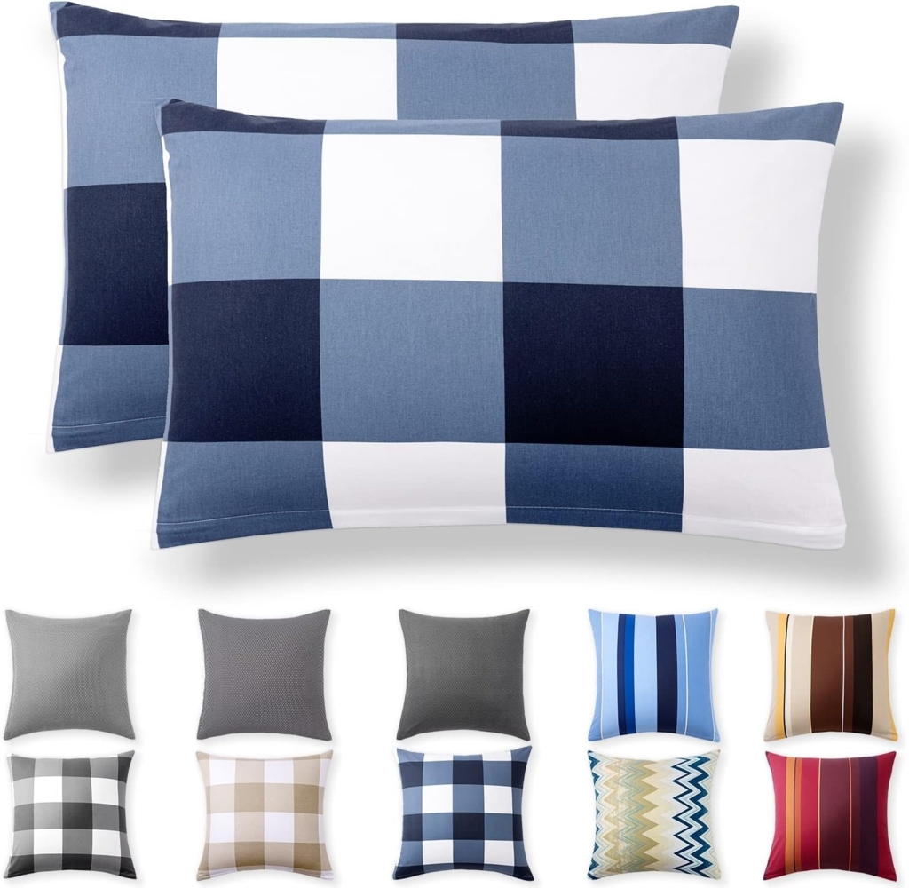 Alreya 2er-Set Renforcé Kissenbezug 40x60 cm - 100% Baumwolle mit YKK Reißverschluss, Superweicher Kopfkissenbezug 40x60, Kissenhülle, Blau Kariert, nur Kissenbezug Bild 1