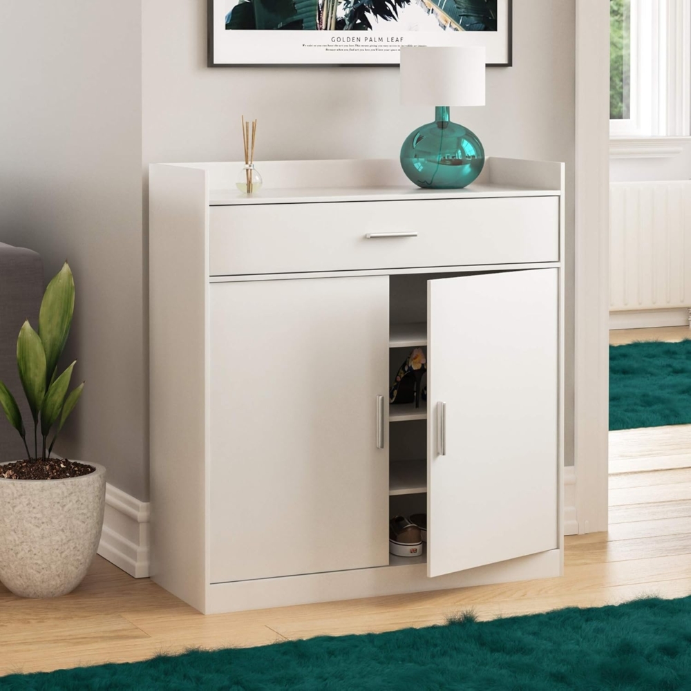 Vida Designs -Dalby Moderner Schuhschrank, 2-türig, 1 Schublade, Flur Schrank Stauraumorganisation Schuhständer Regal Holz Sideboard-Einheit, Weiß, 90x34x83 Bild 1