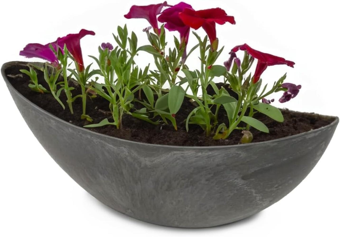 Ovale Pflanzschale für draußen - große Schiff Deko-Schale in schwarzer Stein-Optik als Blumen-Topf Pflanztopf - 39 cm Jardiniere für Garten Balkon oder Friedhof als Grab-Schmuck Bild 1