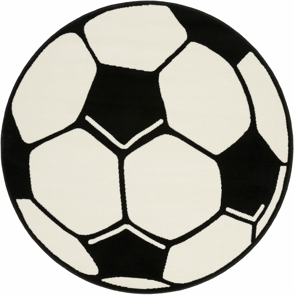 Kurzflor Kinderteppich Fußball, rund - weiß schwarz - 150x150x0,8cm Bild 1