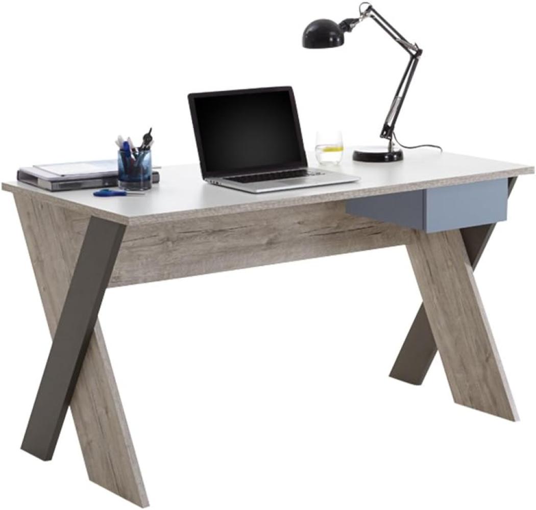 FMD Möbel - NONA 6 - Schreibtisch - melaminharzbeschichtete Spanplatte - Sandeiche Nb/weiß/Lava/Denim - 135 x 76,4 x 67,5cm Bild 1