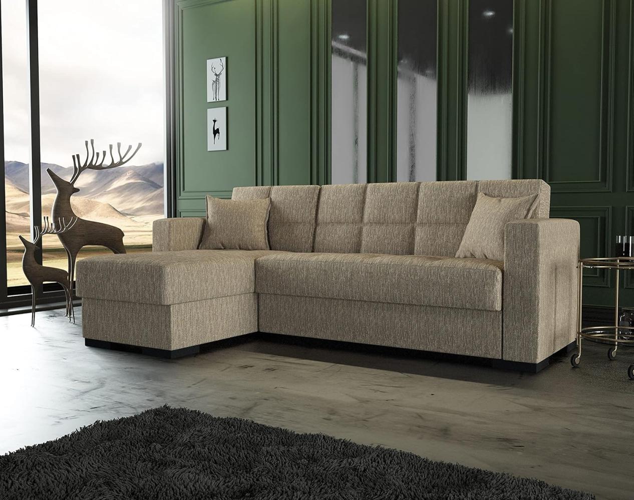 Dmora - Schlafsofa mit Halbinsel Fernando, Wende-Ecksofa, Wohnzimmersofa mit Chaiselongue und 2 Kissen, 230 x 150 x 81 cm, Beige Bild 1