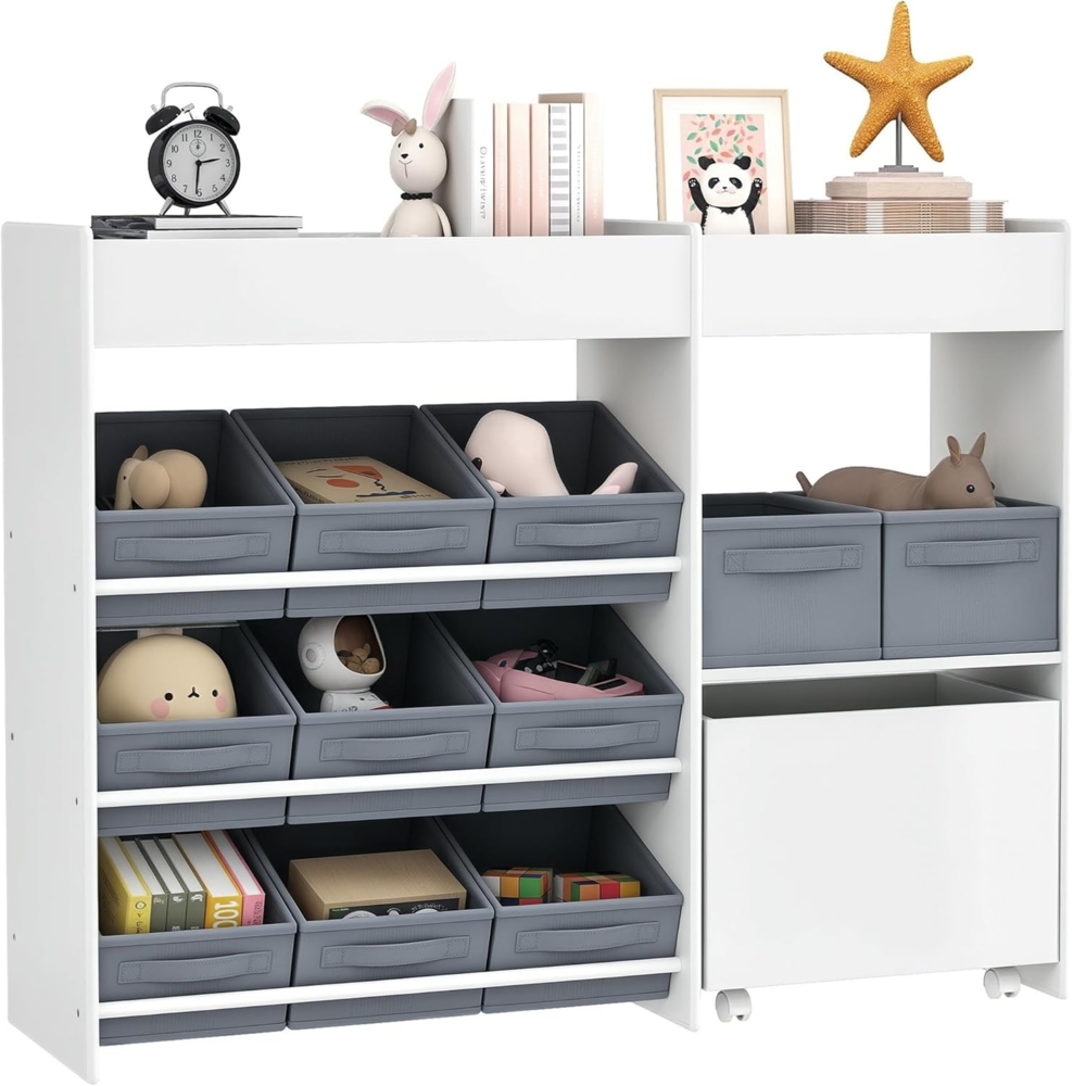 AIYAPLAY Spielzeugtruhe Spielzeugregal mit 11 Stoffboxen, oberen Fächern, 3 Stickern (Kinderregal, 1 St, Kinder Bücherregal), für Kinderzimmer, Kindergarten, 105 x 30 x 80 cm, Weiß Bild 1