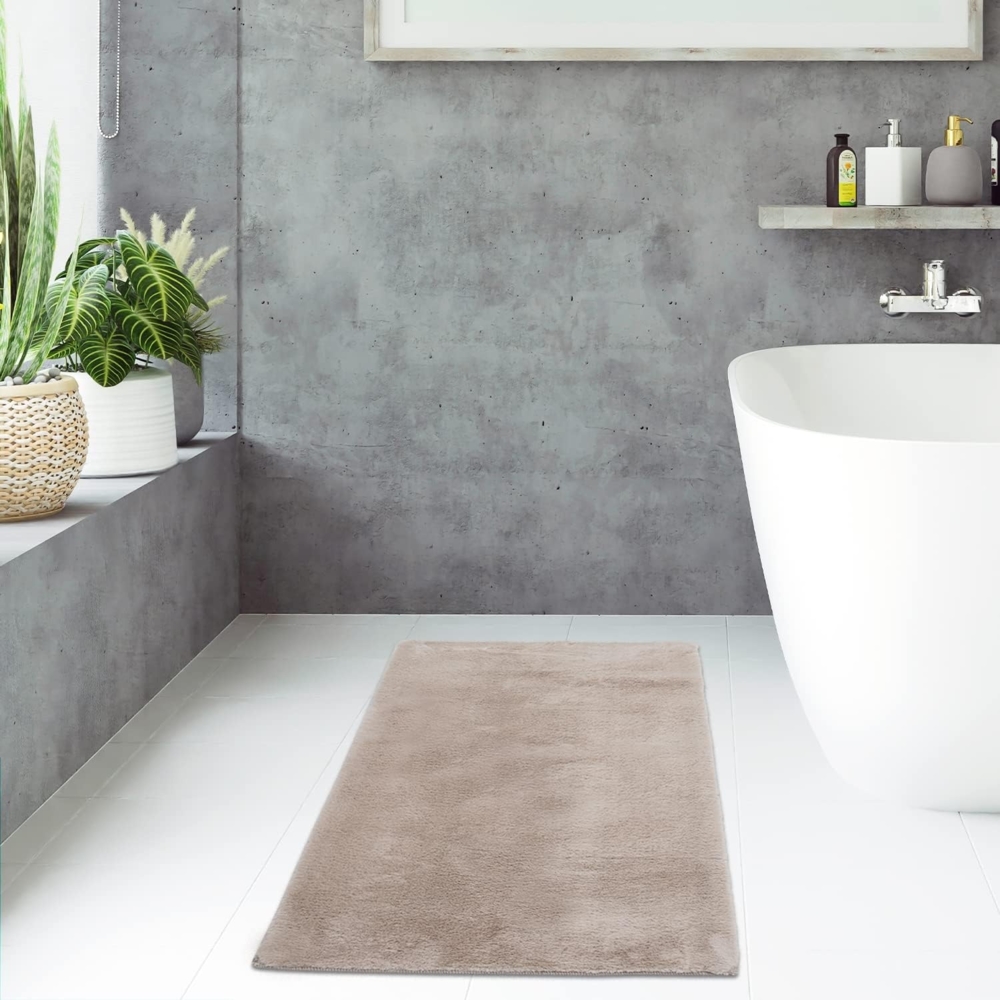 Badezimmerteppich Hochflor Bad - Taupe - 80x150 cm - kuschelig weich - waschbar - Badematte Wasserfest Rutschfest Dekoration - Deko Teppich Badvorleger Bild 1