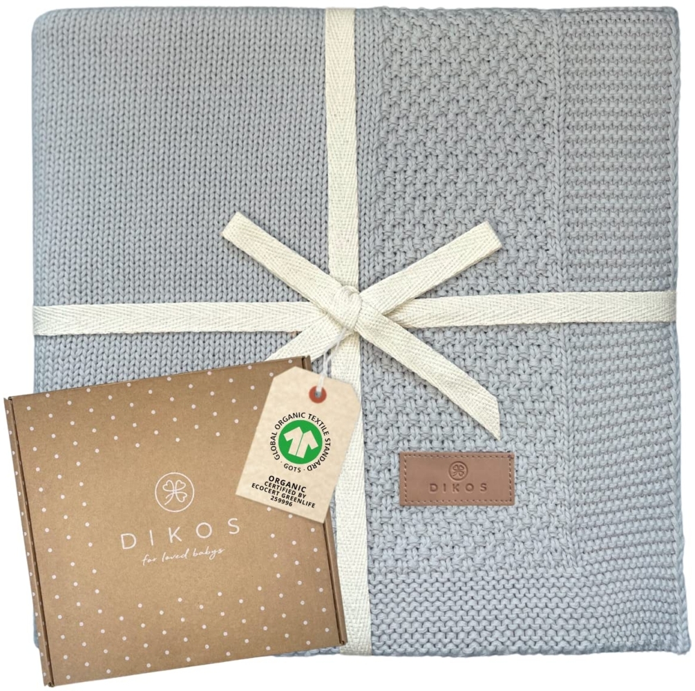 DIKOS® Babydecke GOTS Bio Baumwolle (Nebelblau) Neugeborenen Decke Kinderwagen Kuscheldecke Strickdecke Schmusedecke Erstausstattung Baby Mädchen Junge Neugeborene Babygeschenke Geschenk zur Geburt Bild 1