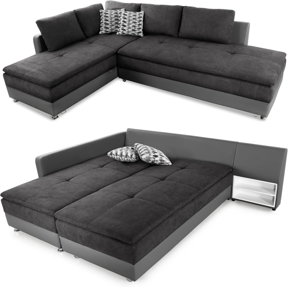 luma-home Ecksofa 15106, Dauerschläfer-Doppelbett 306x223 cm, Schwenkteil rechts, Bettkasten, Regal, Boxspring, Federkern, Wellenunterfederung, Topper, Mikrofaser Anthrazit/Kunstleder Grau Bild 1