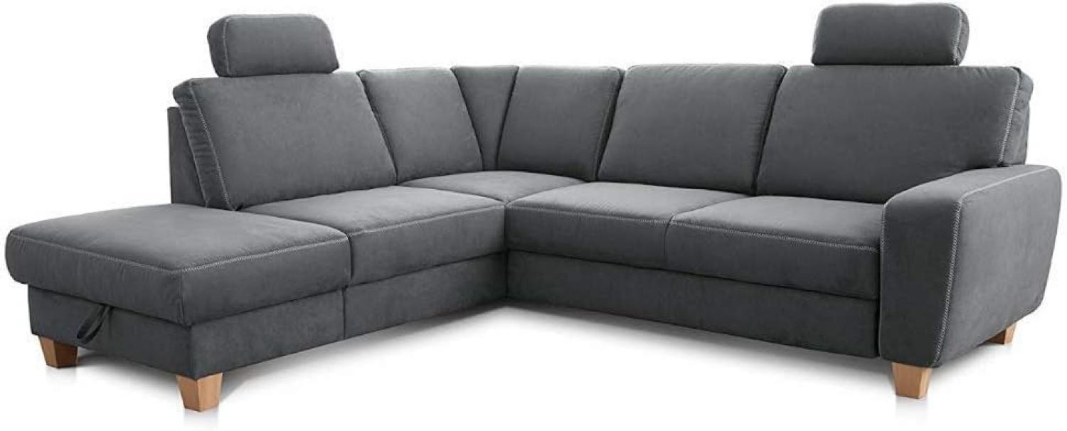 Cavadore Ecksofa Wisconsin mit Vorziehsitz / Eckcouch mit Federkern / Inkl. 2 Kopfstützen + Bettkasten / Landhausstil / Holzfüße in Buche / Mikrofaser / Größe: 248 x 88 x 218 cm (BxHxT) / Farbe: Grau Bild 1
