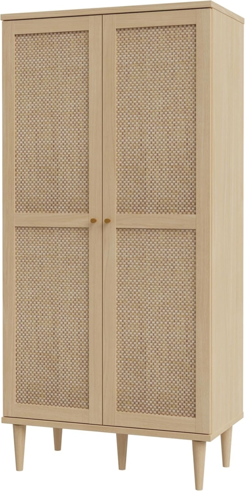 FORTE Calasetta Schrank 80 cm Boho Stil Wiener Geflecht Kleiderschrank mit Einlegeböden Drehtürenschrank Holz Dekor: Elegancia Eiche/Technorattan, 80 cm breit x 167 cm hoch x 41 cm tief Bild 1