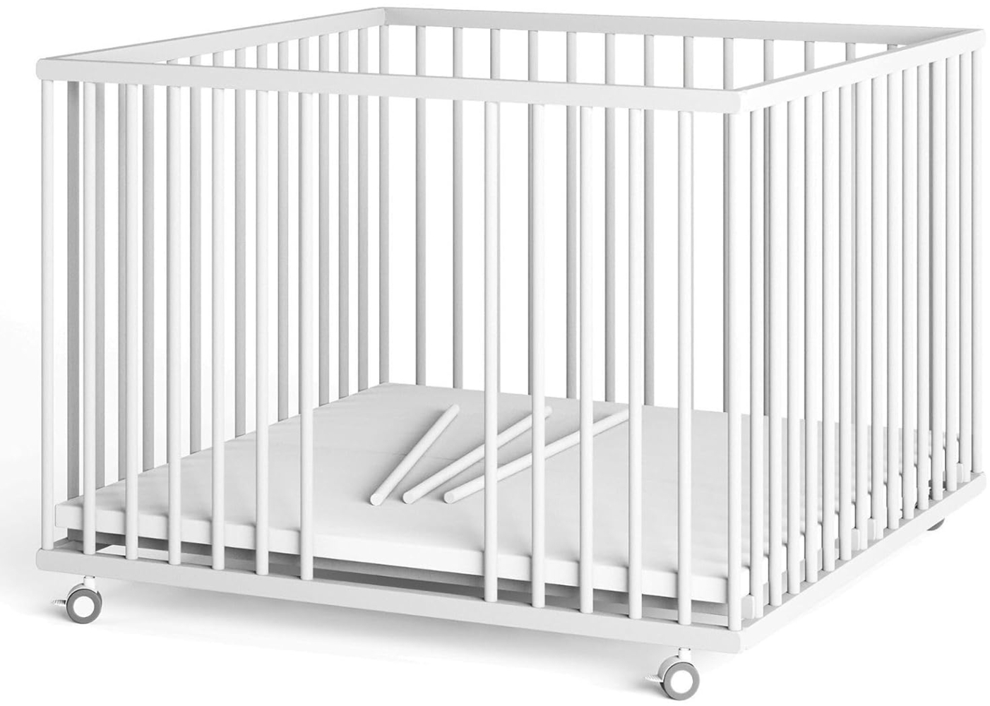 Sämann Laufstall Baby mit Matratze Cloud Air und Schlupfsprossen | TÜV geprüft | stufenlos höhenverstellbar | Laufgitter Premium | Babybett aus Holz | Krabbelgitter (weiß, 100x100 cm) Bild 1