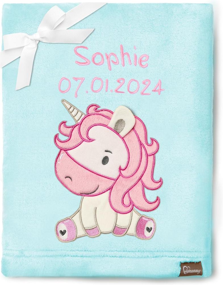 Be Mammy Personalisierte Babydecke mit 3D Applikation Warme Kuscheldecke mit Namen und Geburtsdatum; Perfektes Baby Geschenk; Blanket; Krabbeldecke BE20-280 (Puderblau - Einhorn) Bild 1