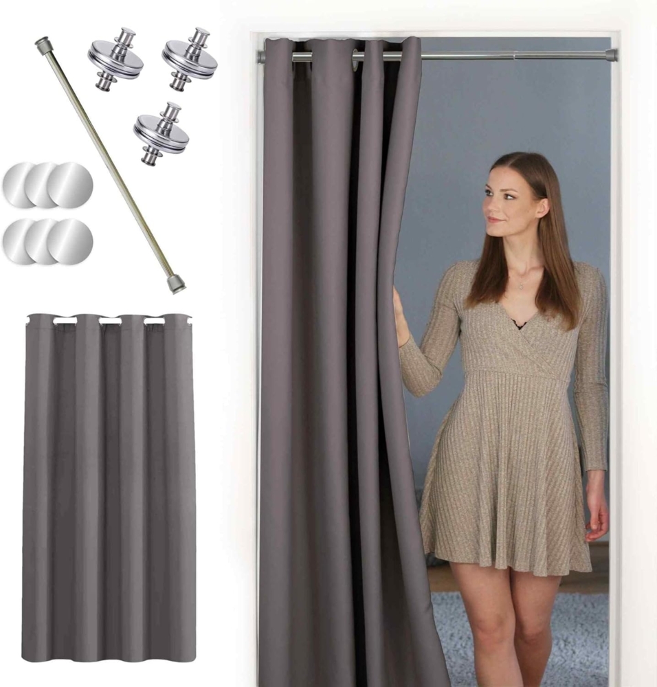 tinycurtains Türvorhang mit Stange silber 70-120 cm Thermo Vorhang ohne Bohren, mit Magneten, Ösen, abdunkelnd, Polyester, grau Nebula, Türgardine mit Klemmstange Raumtrenner verdunkelnd Bild 1