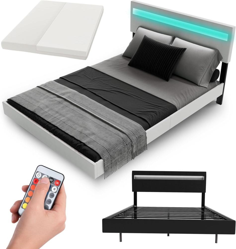Juskys Schwebebett Lissabon 140 x 200 cm - Bett mit Matratze, Schwebendes Design & LED-Beleuchtung, Kunstleder, Höhenverstellbare Rückenlehne - weiß Bild 1