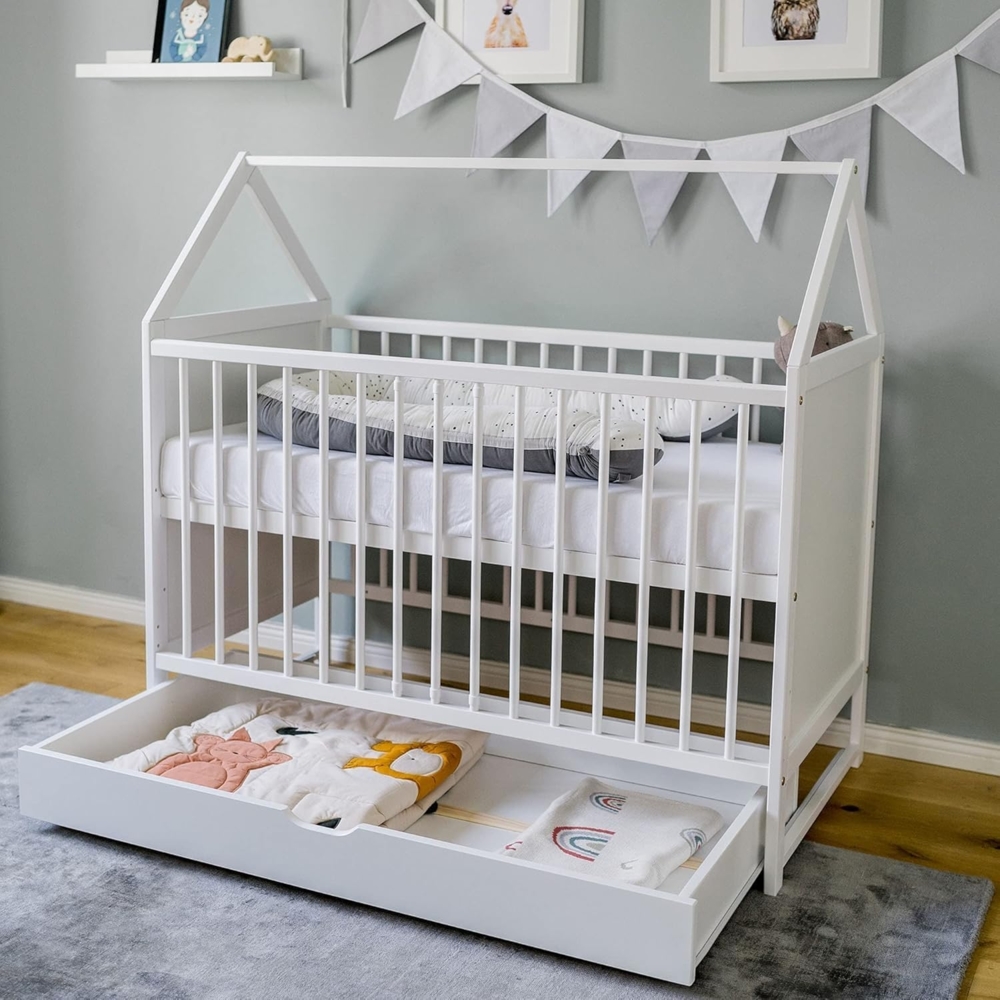 Kids Collective Babybett Beistellbett Kinderbett und Hausbett in einem - 120x60 weiß mit Schublade, höhenverstellbar und umbaubar Bild 1