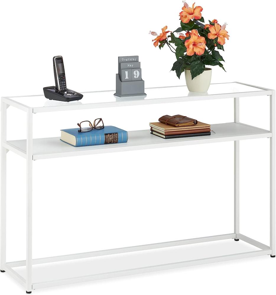 Relaxdays Konsolentisch, 2 Ebenen, Flur & Wohnzimmer, HBT: 70 x 110 x 30 cm, Metall, Glas, Holzoptik, Ablagetisch, weiß Bild 1