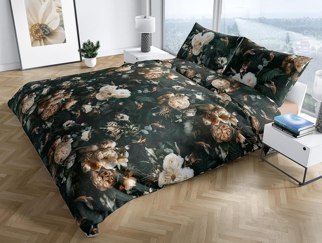 Mako Satin Bettwäsche Floral Romantic anthrazit Garnitur 140x200 + 70x90 Bild 1