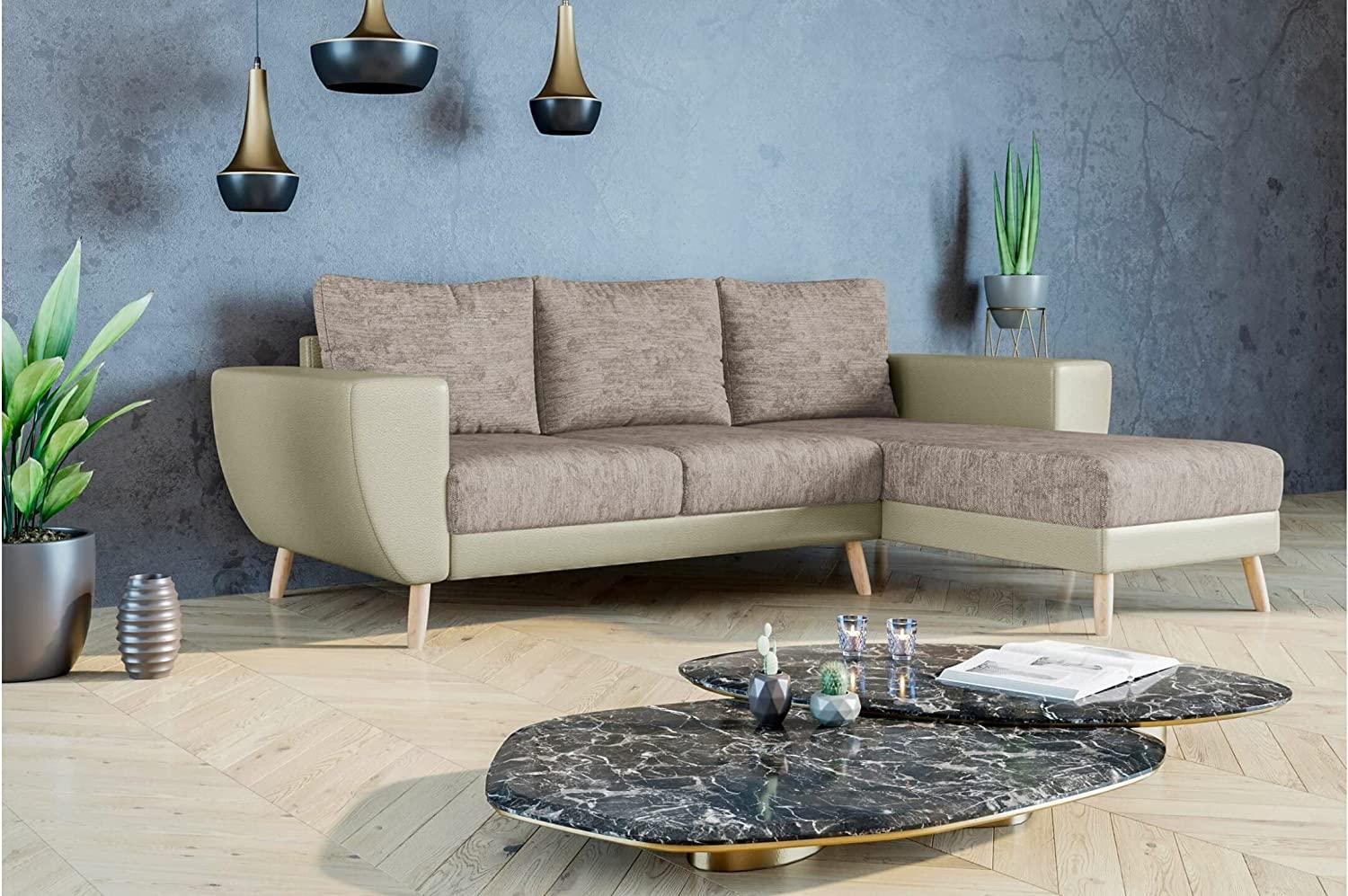 Stylefy Marco Ecksofa Strukturstoff BERLIN Kunstleder MADRYT Hellbraun Beige Rechts Bild 1