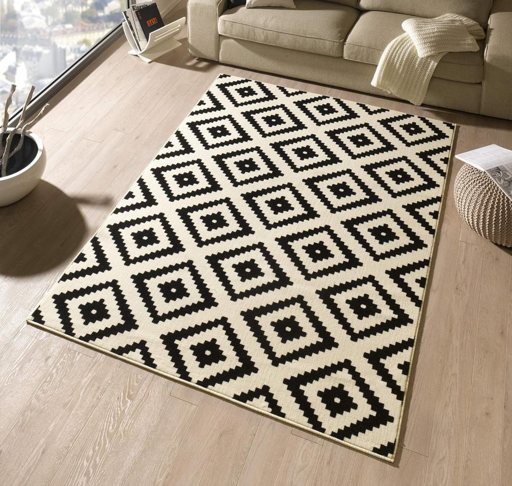 Kurzflor Teppich Raute Schwarz Creme - 80x200x0,9cm Bild 1