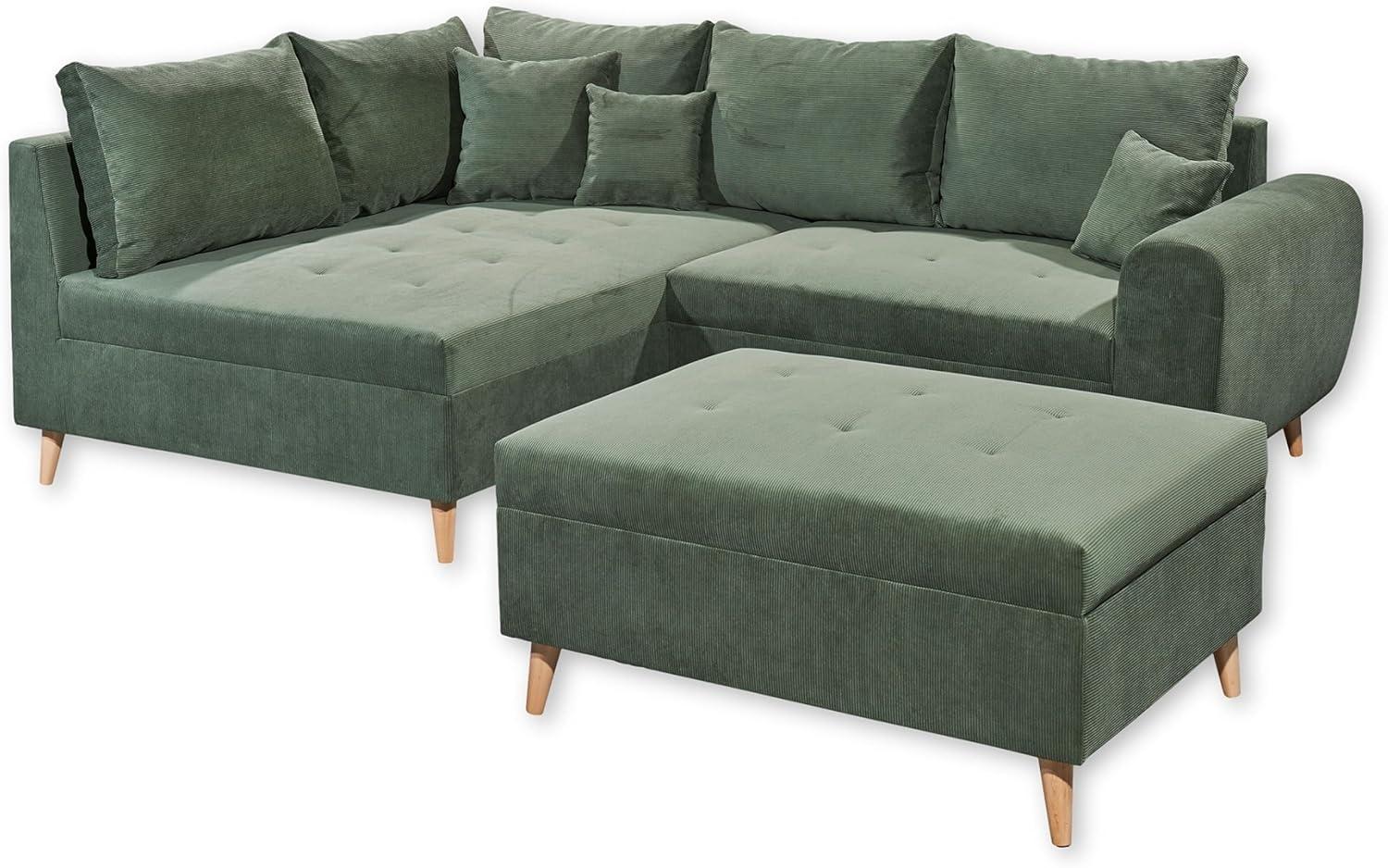 CALANDA Ecksofa mit Hocker, Stoffbezug Moosgrün - Moderne Eckcouch mit Kissen & Massivholz Füßen - 249 x 94 x 175 cm (B/H/T) Bild 1