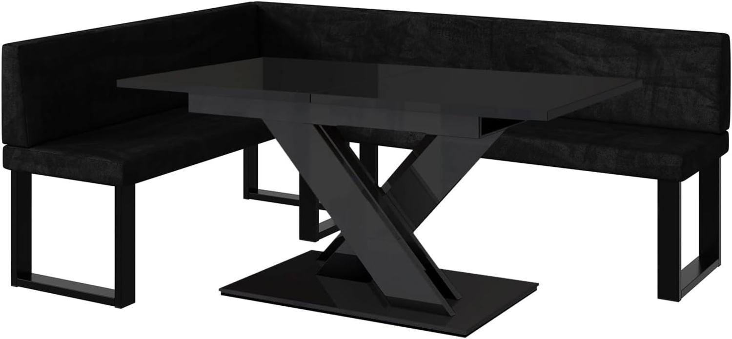 MEBLINI Eckbank für Esszimmer mit ausziehbarem Tisch - Küchenbank - Essecke - Sitzecke Küche - TONI - U-Beine 142x196x87cm Links - Schwarz Samt/B Schwarz Hochgl. Bild 1