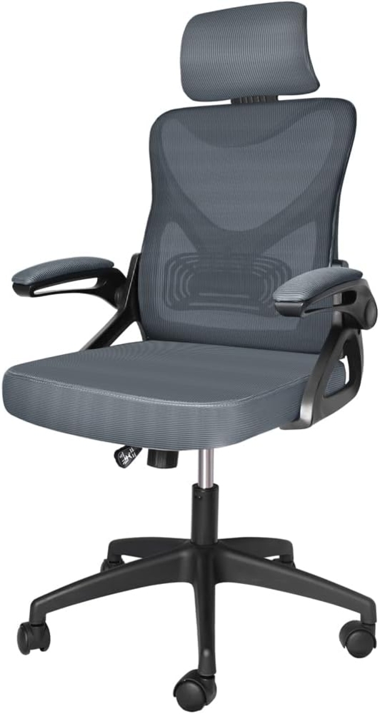 VOUNOT Bürostuhl ergonomisch, Schreibtischstuhl mit hochklappbaren Armlehnen, Einstellbarer Lendenwirbelstütze & Kopfstütze, Höhenverstellbarer Drehstuhl Chefsessel mit Wippfunktion bis 120° Grau Bild 1