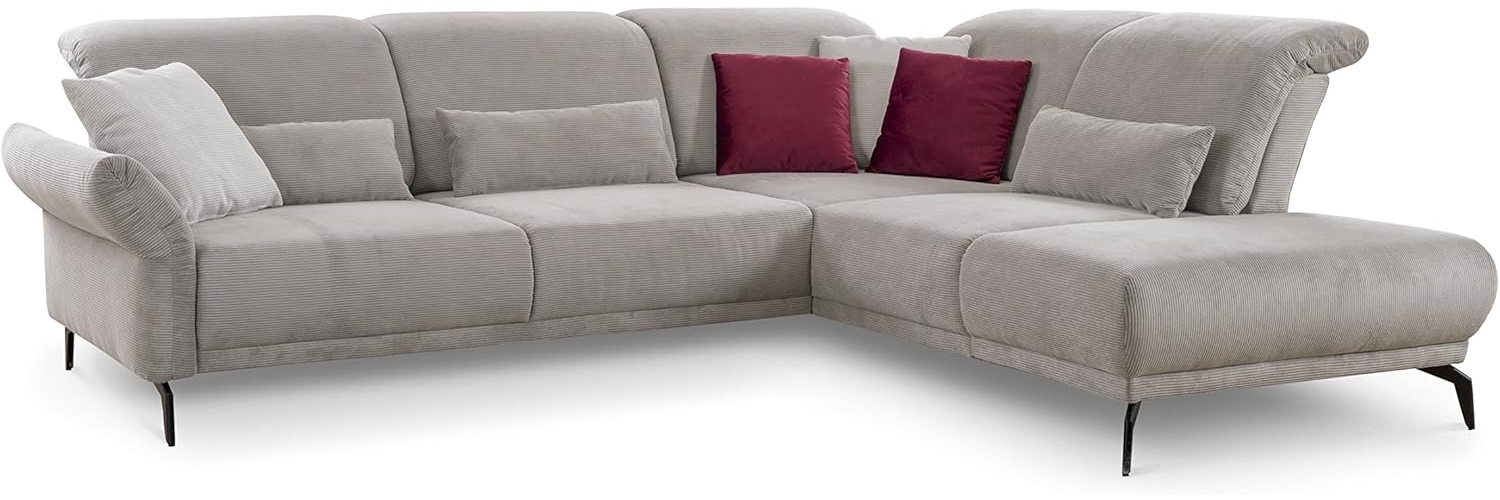 CAVADORE Ecksofa Cooper / Luftige Eckcouch mit Ottomane rechts, Armteilverstellung, Kopfteilverstellung und Sitztiefenverstellung / 294 x 88 x 242 / Cord, Hellgrau Bild 1