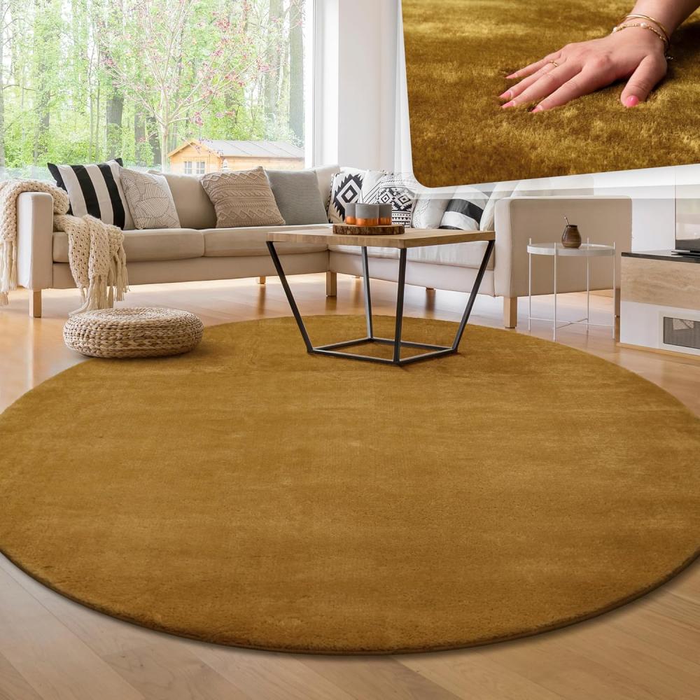 Paco Home Waschbarer Teppich Wohnzimmer Schlafzimmer Kurzflor rutschfest Flauschig Weich Moderne Einfarbige Muster, Grösse:160 cm Rund, Farbe:Gelb Bild 1