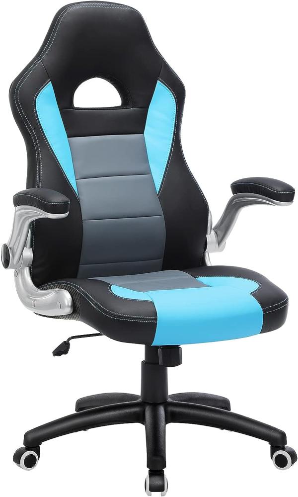 Songmics Gamingstuhl, Racing Chair, Schreibtischstuhl mit hoher Rückenlehne, Bürostuhl, höhenverstellbar, hochklappbare Armlehnen, Wippfunktion, für Gamer, schwarz-grau-blau, OBG28BU Bild 1