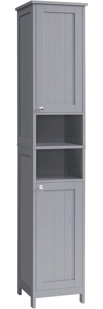 VASAGLE Badezimmerschrank mit Beleuchtung, hoch, schlanker Badschrank, Aufbewahrungsschrank mit verstellbaren Ablagen, offene Fächer, für kleine Räume, modern, Taubengrau BBC566G03 Bild 1