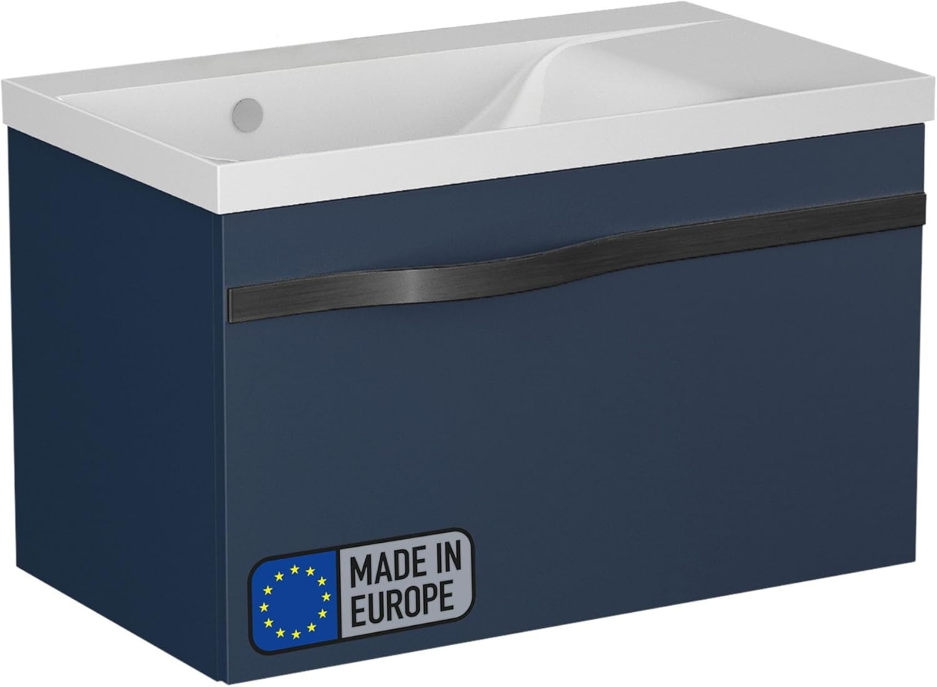 BADEDU FILS Waschbecken mit Unterschrank 69 cm breit, Blau, Waschbecken Gussmarmor Weiß, Griff Schwarz Bild 1