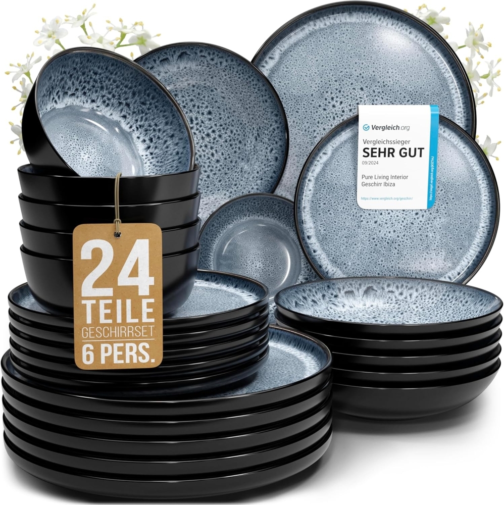 Steingut Geschirrset 6 Pers. Ibiza 24-tlg Hochwertiges Mediterranes TEST SEHR GUT Steingut Geschirr Set - Schüssel- und Teller Set - Tafelservice 6 Personen Geschirrsets Pure Living in Rauchblau Bild 1