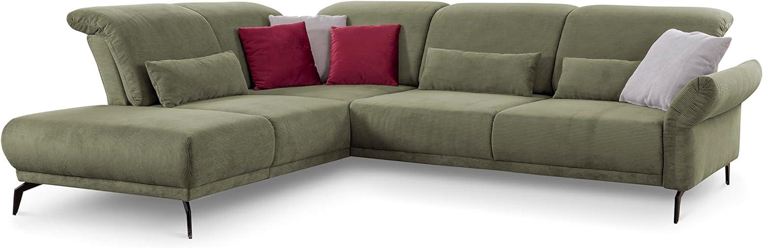 CAVADORE Ecksofa Cooper / Luftige Eckcouch mit Ottomane links, schwarzen Metallfüßen und feinem Cord-Bezug / 294 x 88 x 242 / Cord, Grün Bild 1