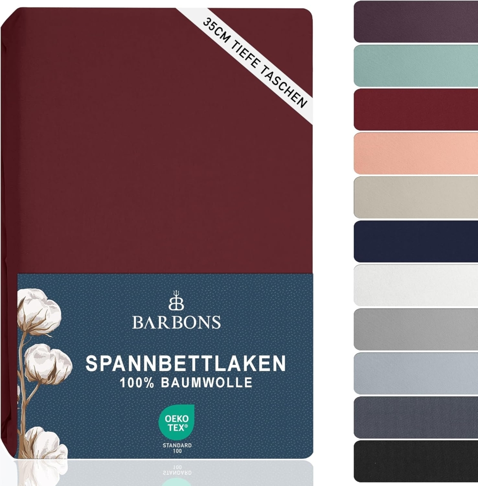 BARBONS Spannbettlaken 180x200 cm - 100% Baumwolle Spannbettlaken, Oeko-TEX Zertifiziert, Bettlaken Jersey, Spannbetttuch, Matratzenhöhe bis 25 cm (Bordeaux - 180x200) Bild 1