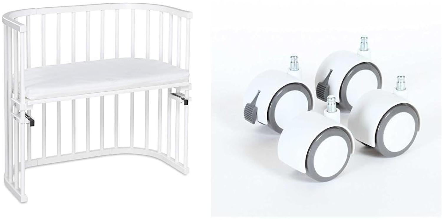 babybay Original Beistellbett aus massivem Buchenholz mit Matratze Classic Soft für Tag und Nacht & Rollensatz Parkett/Rollen passend Modelle/vom Beistellbett (weiß) Bild 1