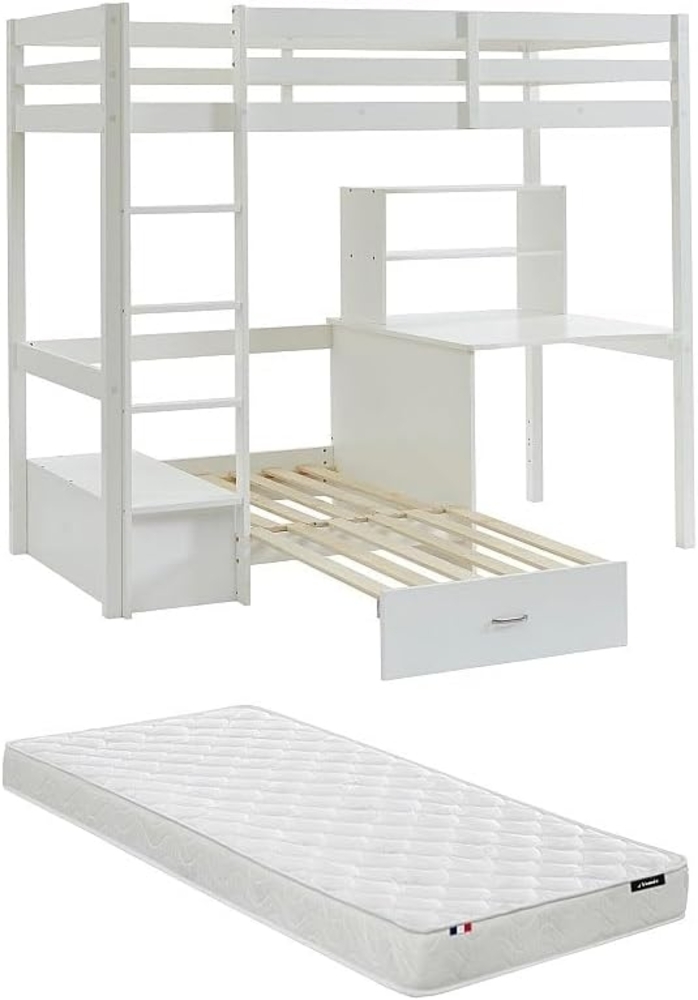 Vente-unique - Hochbett mit Schreibtisch, Schlafsofa & Stauraum + Matratze - 90 x 200 cm - massives Kiefernholz - Weiß - GOLIATH III Bild 1