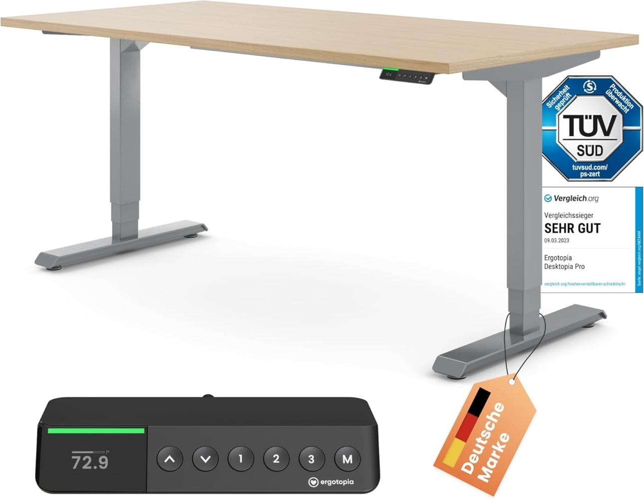 Desktopia Pro X - Elektrisch höhenverstellbarer Schreibtisch / Ergonomischer Tisch mit Memory-Funktion, Ahorn, Gestell Grau, 160x80 cm Bild 1