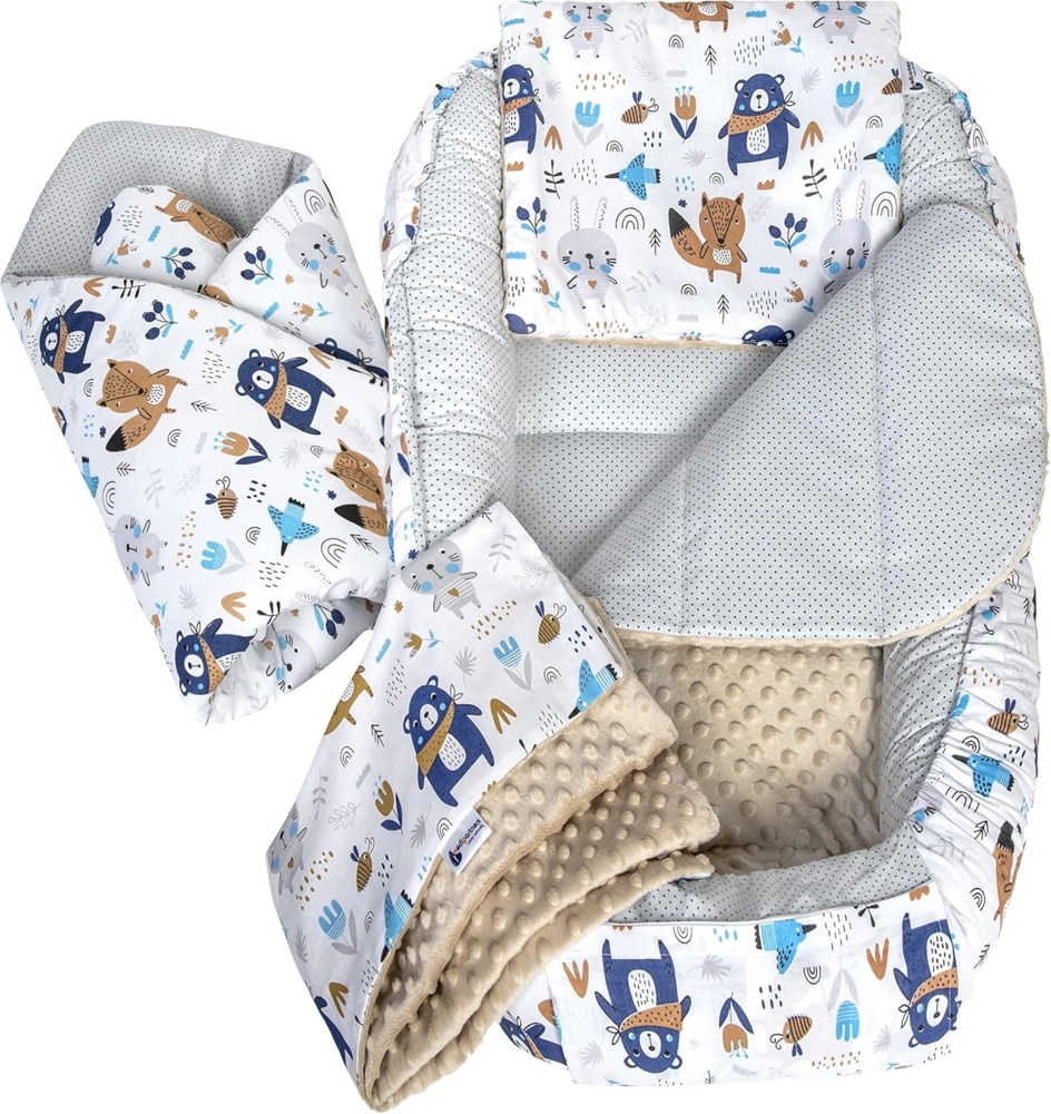 Medi Partners 5 teilig Babynestchen Set Babynest 100 x 60 x 15 herausnehmbarer Einsatz Bett Kuschelnest Krabbeldecke Babys Neugeborene 100% Baumwolle (Boho mit Beige Minky) Bild 1