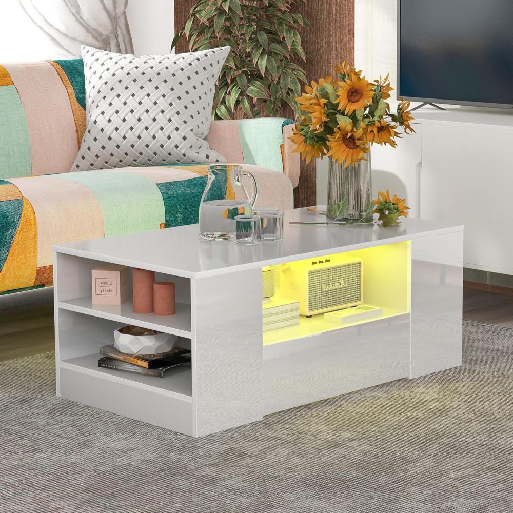 Merax DE_WF283904WAA_ZYP Moderner Couchtisch Hochglanz Mit Led, Beistelltische fürs Wohnzimmer, Wohnzimmertisch, Sofatisch, 2 Schubladen und 2 Regalsofa, Weiß, 95 x 53 x 37 cm Bild 1