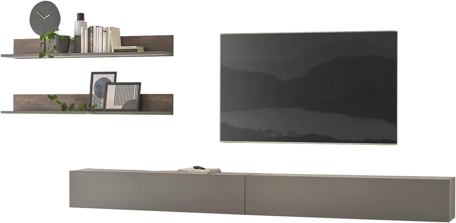 Wohnwand Piano in Eiche und grau 4-teilig 380 cm Bild 1