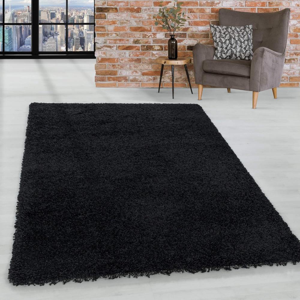 HomebyHome Shaggy Hochflor Teppich Wohnzimmer 120 x 170 cm Schwarz - Teppich Flauschig, Modern, Plüsch und Extra Weich - Ideal für Schlafzimmer, Esszimmer und als Küchenteppich Bild 1