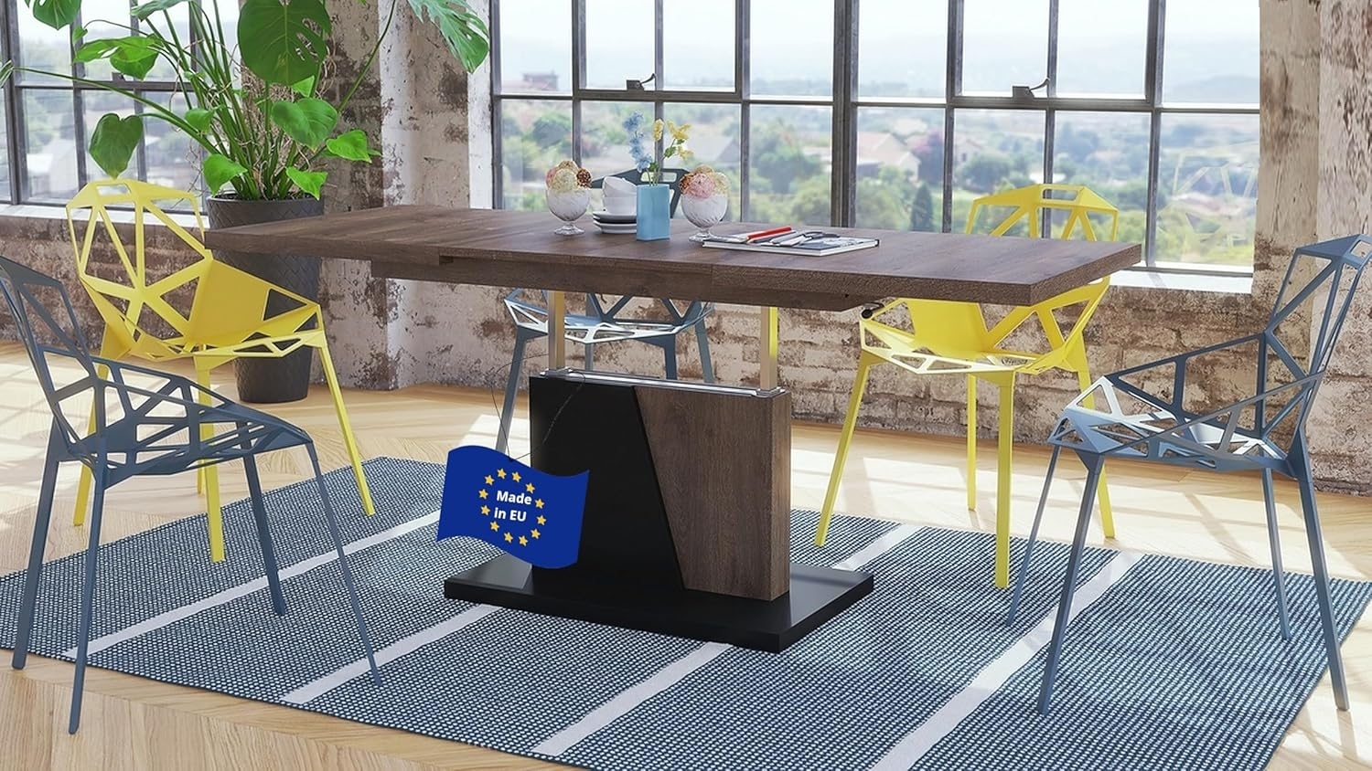 Design Couchtisch Tisch Grand Noir stufenlos höhenverstellbar ausziehbar 120 bis 180cm Esstisch (Eiche dunkel/Schwarz matt) Bild 1