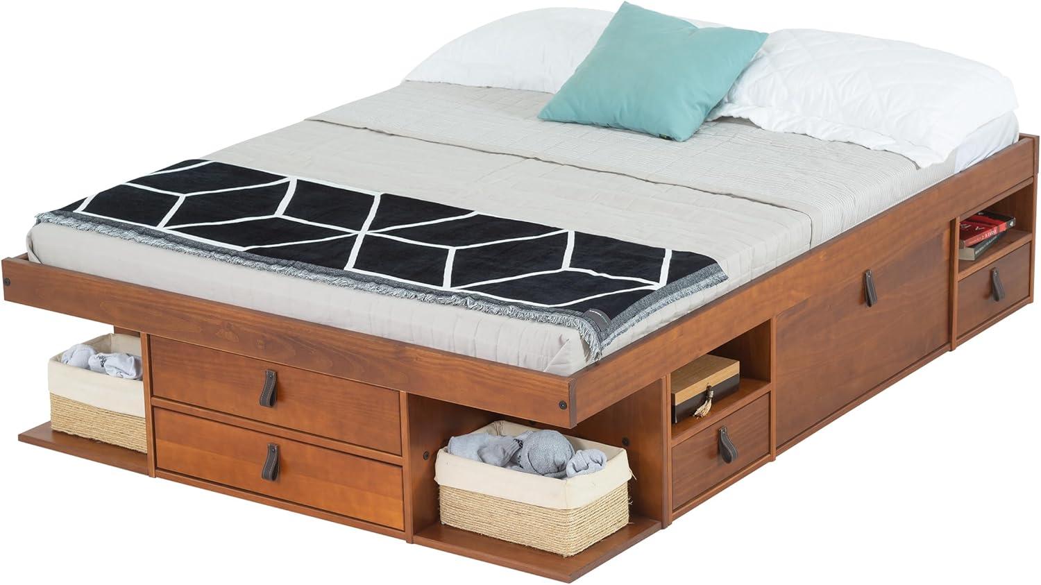 Funktionsbett Bali 140x200 Karamell - Schrankbett mit viel Stauraum und Schubladen, optimal für kleine Schlafzimmer - Bett mit Aufbewahrung aus Kiefer Massivholz – Schubladenbett inkl. Lattenrost Bild 1