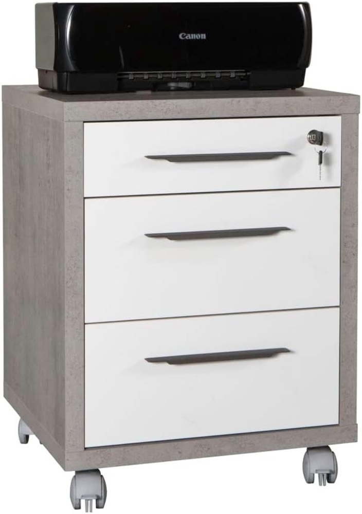 Composad | Kommode der Linie Design mit 3 Schubladen und Rollen, Bürokommode unter dem Schreibtisch, (BxHxT) 48,60 x 63,10 x 45,20 cm, Farbe Beton und Weiß lackiert, hergestellt in Italien Bild 1