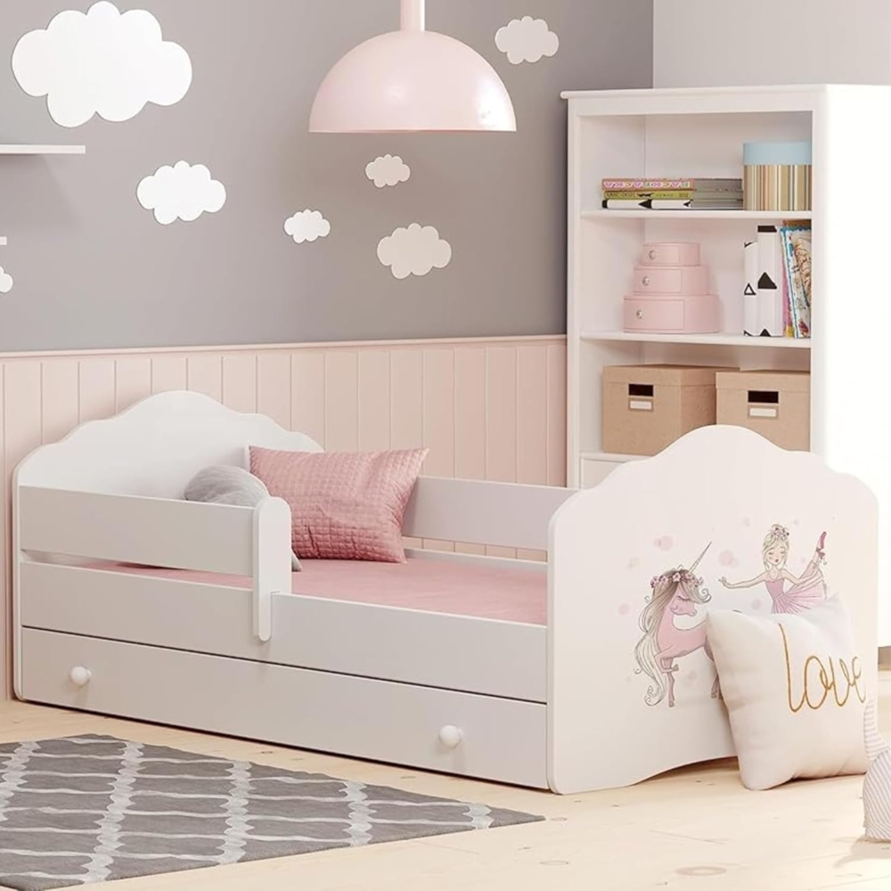 Kids Collective Kinderbett für Mädchen mit Matratze und Schublade & Lattenrost (70x140, 80x160 cm Jugendbett Einzelbett Komplettbett in weiß mit Pferd Motiv), Bett für Kinder Bett komplett Set Rausfallschutz Kinderbett 70x140 cm Bild 1